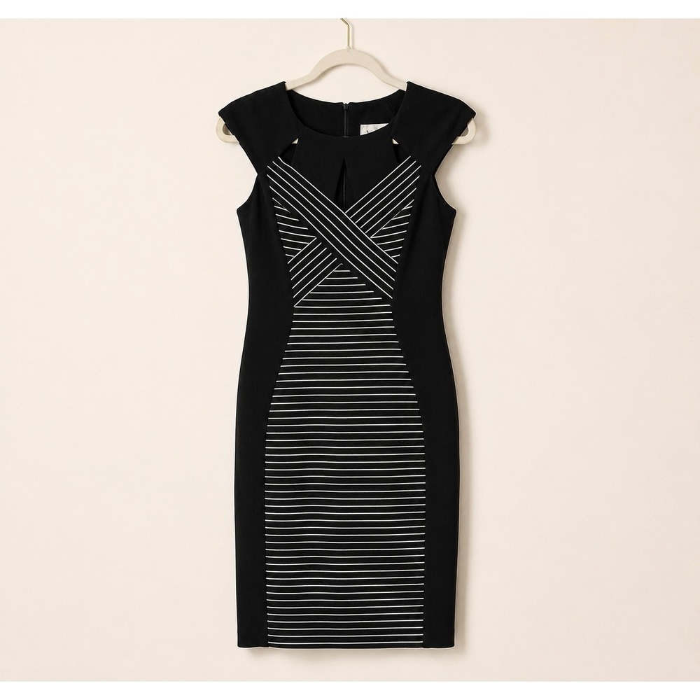 Joseph Ribkoff Sheath Bodycon Dress Size 6 Black Striped Cap Sleeve - Picture 2 of 6
